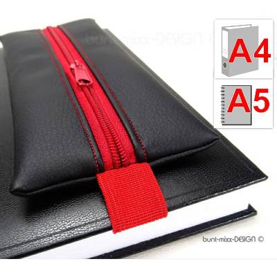 Mäppchen für Aktenordner A4 Kalender Notizbuch A5, Federmäppchen Kunstleder schwarz, Gummiband rot, handmade by BuntMixx
