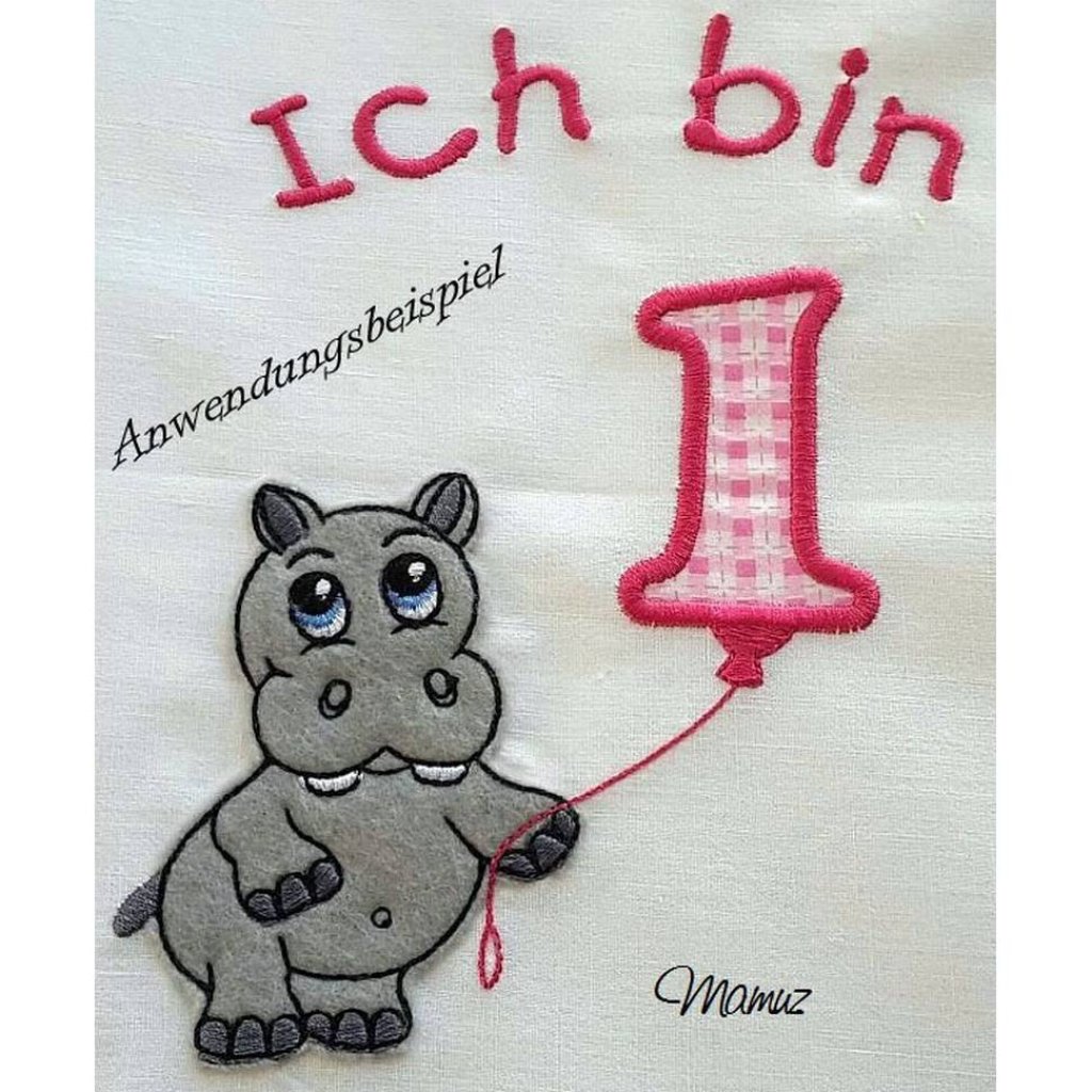 *  Nilpferd mit Geburtstagszahlen von 1 - 9  *  Applikation, Doodle, Stickdatei Bild 1