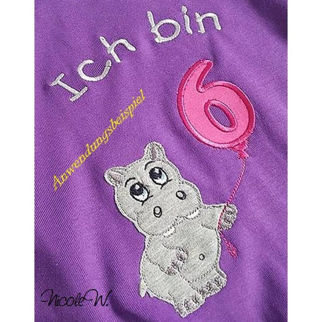 *  Nilpferd mit Geburtstagszahlen von 1 - 9  *  Applikation, Doodle, Stickdatei Bild 2