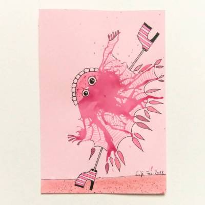 Originalzeichnung, Tusche, rosa KlexMonster im rosaTutu, DinA 6