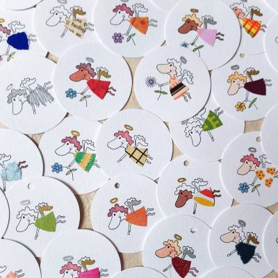 runde Geschenketiketten mit kleinen bunten collagierten Engelchen, Mini-Überraschungstüte, VPE: 10 Stück oder 5 Stück