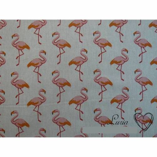 11,00 EUR/m Dekostoff Stoff Flamingo auf hellbeige / Beige - Leinenlook Leinenoptik