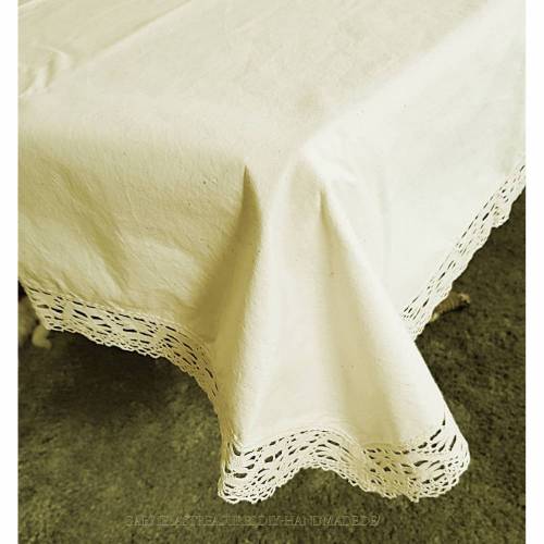 Vintage Tischdecke Landhaus, ca. 184x146 cm, Tafeltuch aus Baumwolle mit Spitze,