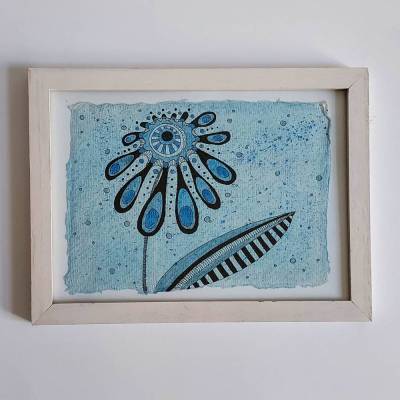 kleines blaues Blumenbild, Originalzeichnung, Himmelsblume, fertig gerahmt
