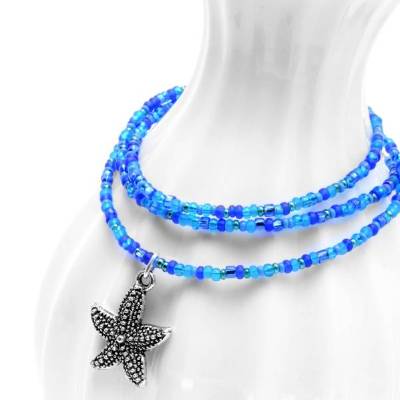 Blaues Wickelarmband mit Seestern oder Boot - Glasperlenarmband Maritim fürs Sommeroutfit