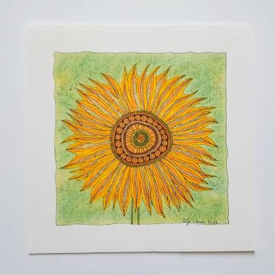 Sonnenblumenzeichnung, Original in Mischtechnik, quadratisch 20 cm x 20 cm