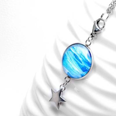 Lange Edelstahlkette Mein Stern . Gliederkette mit Wechselanhänger . Türkises Glasmedaillon mit Stern . Mit Geschenkverpackung