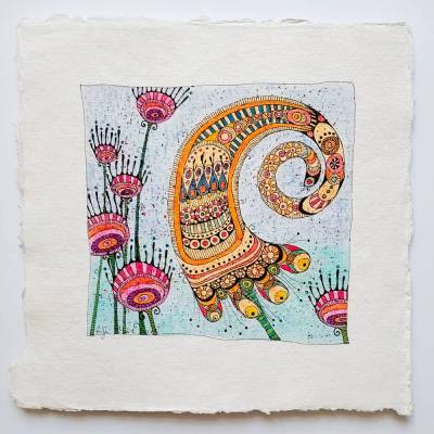 bunte Original Zeichnung, Titel: Frühlingsvorfreude, handgezeichnetes Blumenbild, quadratisch 21 cm x 21 cm
