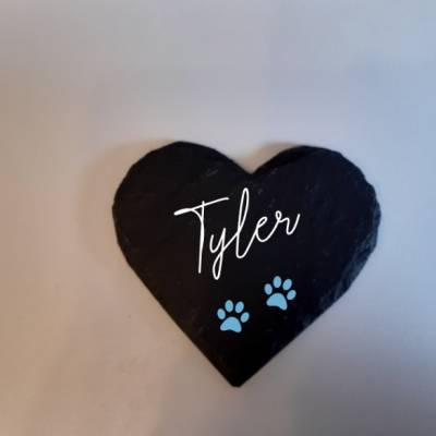 Herz aus Schiefer/ Erinnerung an ein Haustier mit Name und Schatten/Silhouette oder Pfötchen/ Trauergeschenk 