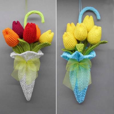 Häkelanleitung Blumen-Dekoration Tulpen im Regenschirm Tür-Dekoration - einfach aus Wollresten
