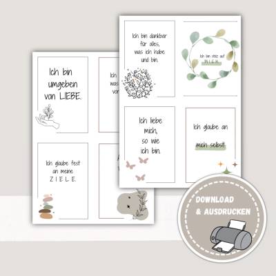 Affirmationskarten - Achtsamkeit und positives Mindset - Printables, Druckvorlagen - PDF Datei zum Ausdrucken Mutmacher 