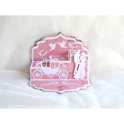 Hochzeitskarte Pop Up (Nr. 1) rosa-weiß mit Kutsche und Brautpaar