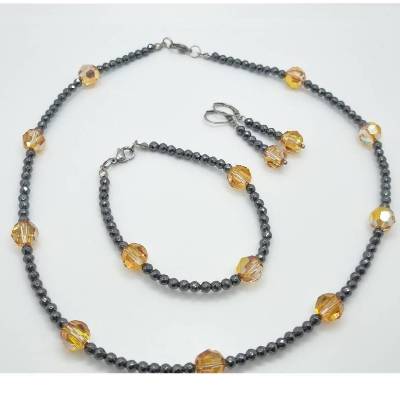 Schmuckset Kette Armband und Ohrringe mit Hämatit und runden Kristallen Metallic Sunshine Glitzer Perlen (772)
