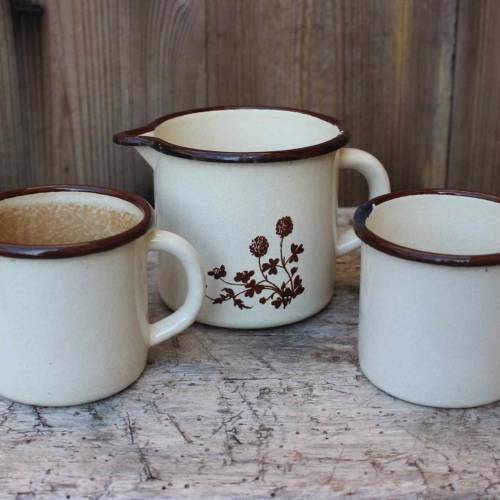 Set Emaille 2 Becher + Milchtopf Topf Kochtopf Emailletopf  Dekoration Vintage