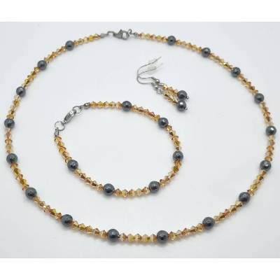 Schmuckset Kette Armband Ohrringe mit Hämatit und Bicone Kristallen Metallic Sunshine Glitzer Perlen (773)