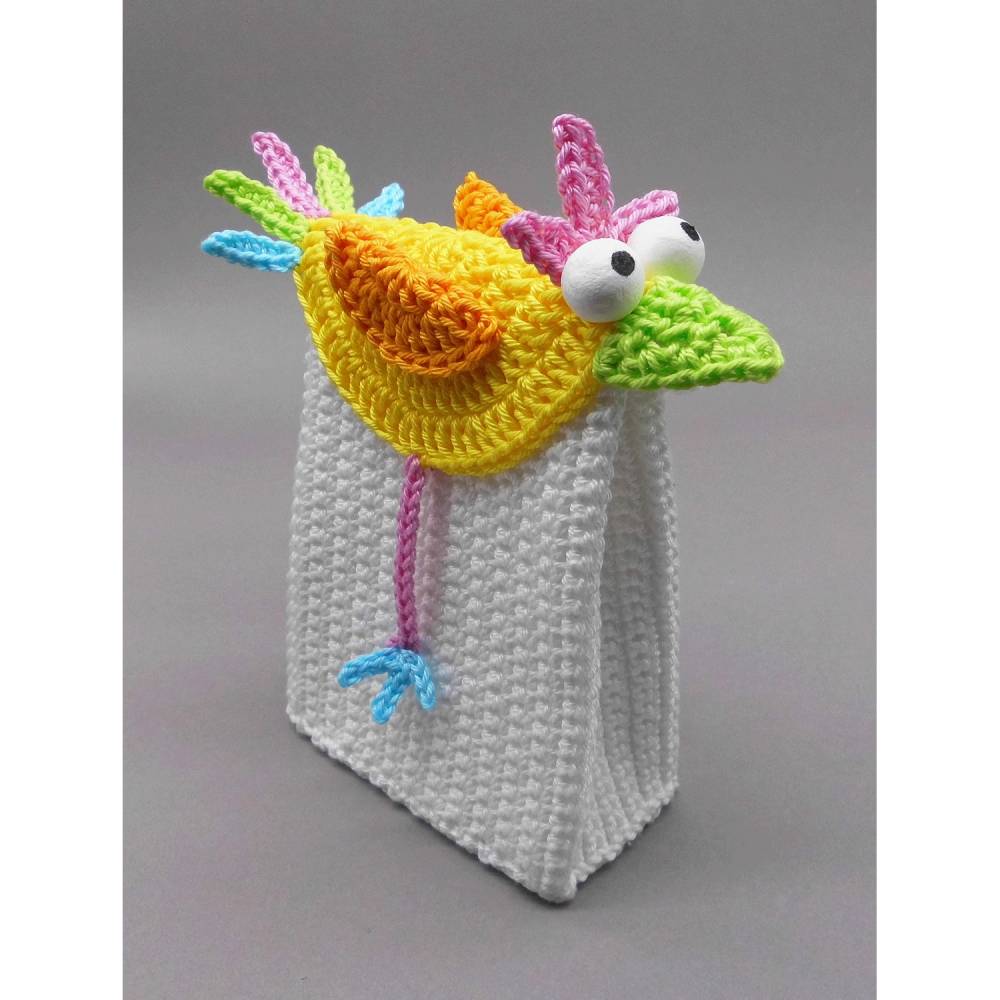 Häkelanleitung Geschenk-Tüte Gutschein-Tasche bunter Vogel - einfach aus Wollresten Bild 7