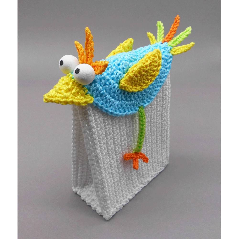 Häkelanleitung Geschenk-Tüte Gutschein-Tasche bunter Vogel - einfach aus Wollresten Bild 9