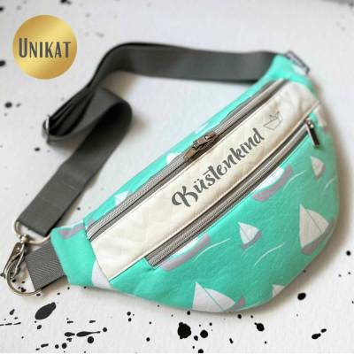 Unikat / Trendy Crossbag / Crossbody / HipBag / Bauchtasche / Gürteltasche / Slingbag Maritim Mintgrün Boote