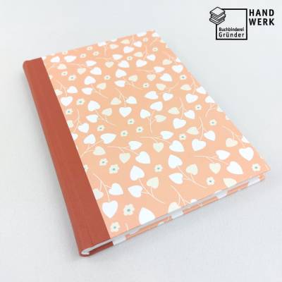 Notizbuch, Herzen, Blumen, terrakotta, 100 Blatt, DIN A5, handgefertigt