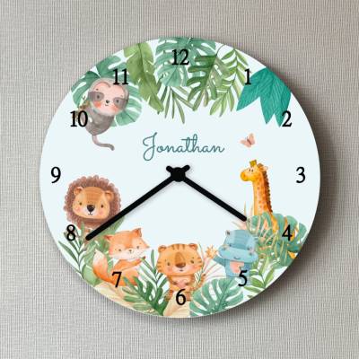 Personalisierte Wanduhr Dschungel Kinderzimmer Uhr Geschenk Junge Mädchen Babygeschenk Safari Tiere ohne Ticken