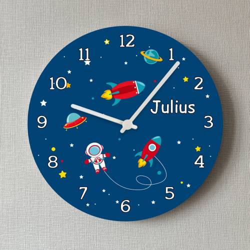 Kinder Wanduhr Rakete Astronaut Jungen mit Name Weltall personalisiert Kinderuhr Kinderzimmer Deko