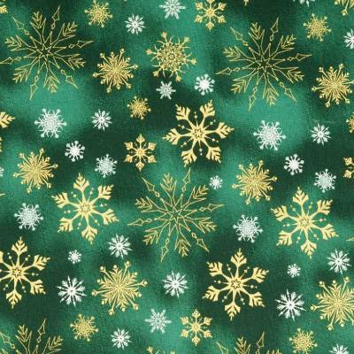 Weihnachtsstoff Baumwolle Popeline Schneeflocke gold - grün (1m/10,-€)