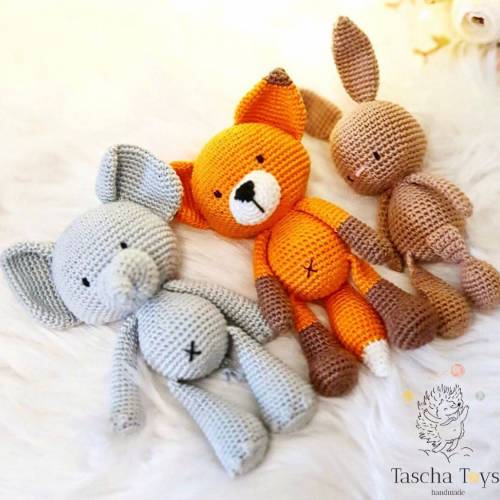 Kuscheltiere Fuchs, Elefant, Hase gehäkelt,  Häkeltier Fuchs, Elefant,  Hase, Spielzeug für Fotoshooting