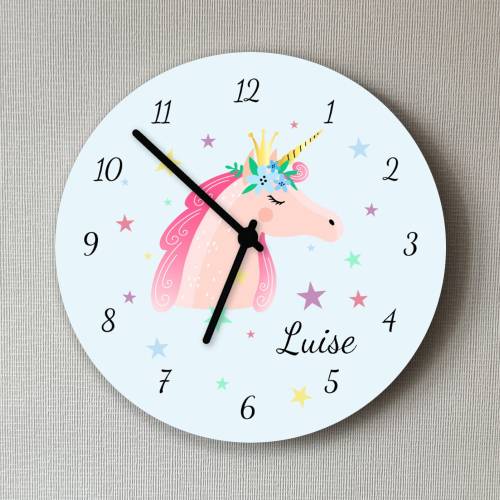 Kinder Wanduhr Einhorn mit Namen Geschenk Mädchen personalisiert Stern bunt Deko Kinderzimmer Uhr