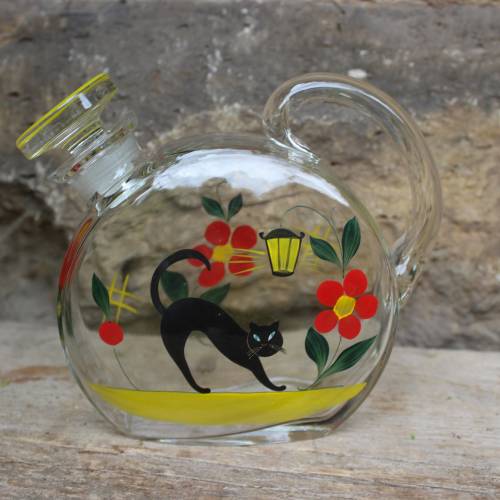ungewöhnliche Glaskaraffe Flakon Likörflasche mit schwarzer Katze handbemalt Emaillefarbe Glas 50er Jahre DDR
