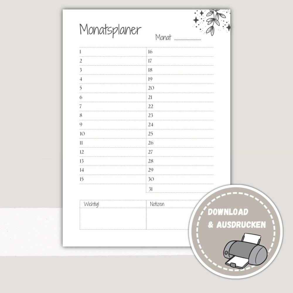Monatsplan, Monatsplaner zum Ausdrucken - Pdf Download Monatsplan zum