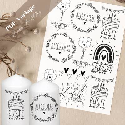 Happy Birthday PDF Vorlage Stumpenkerzen Geburtstag Kerzentattoo Kerzensticker Kerzen Pustekuchen Konfetti Alles Liebe g