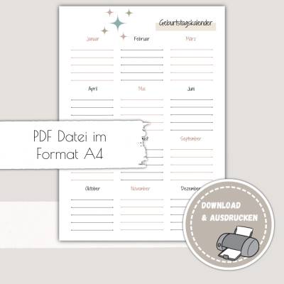 Geburtstagskalender zum Ausdrucken - Pdf Download Geburtstagskalender zum Ausdrucken - Printables Druckvorlage - immerwä