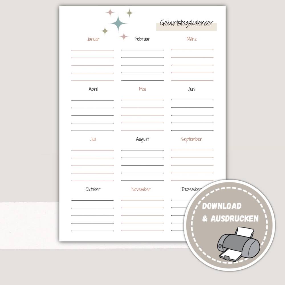 Geburtstagskalender zum Ausdrucken - Pdf Download Geburtstagskalender