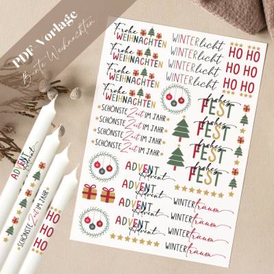 Weihnachten PDF Vorlage Kerzentattoo Kerzensticker Kerzen Gestalten Frohes Fest Advent Wintertraum Winterlicht Ho Ho Ho 
