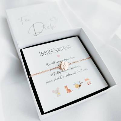 Einschulungsgeschenk Mädchen: Kleeblatt Armband mit Geschenkbox – Glücksbringer Schulanfang