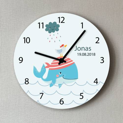 Wanduhr Wal Kinderzimmer Uhr Geburt Baby Geschenk Jungen personalisiert mit Namen Geburtsdatum Möwe