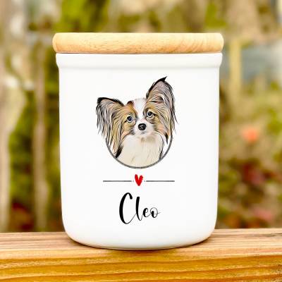 Keramik Leckerlidose 'Papillon' mit Hunde-Silhouette, personalisiert mit Namen