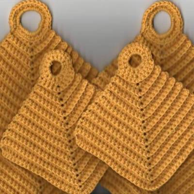 T0120 4 Topflappen 2 x Groß 2 x Kinder gehäkelt 100% Baumwolle Handarbeit gelb