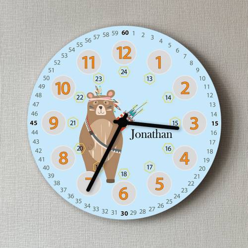 Kinderuhr Bär Wanduhr Kinderzimmer Blau mit Namen Geschenk Einschulung Schule Jungen