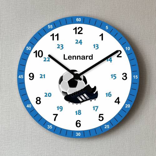 Kinder Wanduhr Fußball Lernuhr Blau mit Wunsch Name Mädchen Junge Schule Kinderzimmer Uhr