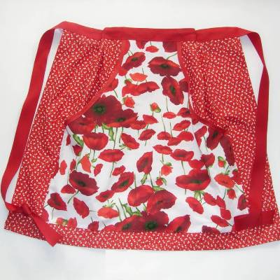 Küchenschürze rot mit Mohnblumen – Klammerschürze & Topflappen & Spülischürze Set aus Baumwolle