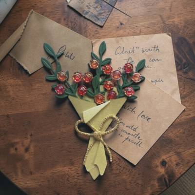 Blumenstrauß Mini Bouquet 3D aus Papierblumen & Rosen – Handgemacht für Scrapbook & Auto Rückspiegel