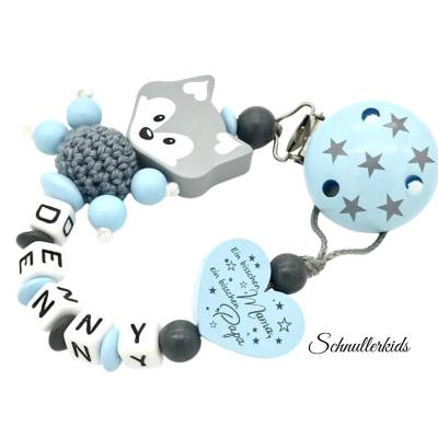 Schnullerkette mit Namen Fuchs Junge – Blau Grau – Handgemacht & Sicher