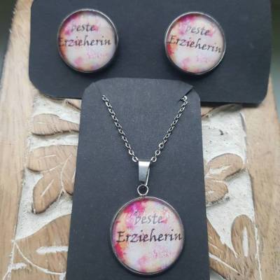 beste Erzieherin Edelstahl Anhänger Kette 20mm Cabochon