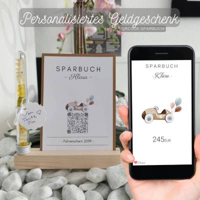 Geldgeschenk Personalisiert | Virtuelles Sparbuch | QrCode Geschenkkarte inklusive Reagenzglas und Kartenständern | Auto