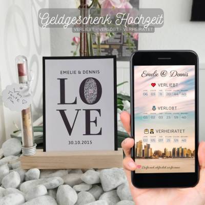 Geldgeschenk Hochzeit | QrCode Geschenkkarte inkl. Reagenzglas und Kartenständern | Verliebt Verlobt Verheiratet | LOVE
