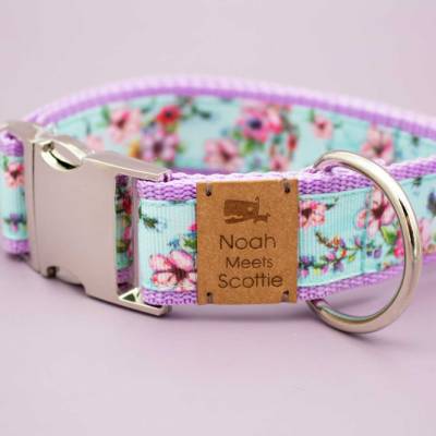 Hundehalsband oder Hundegeschirr mit Blumen, hellblau, flieder