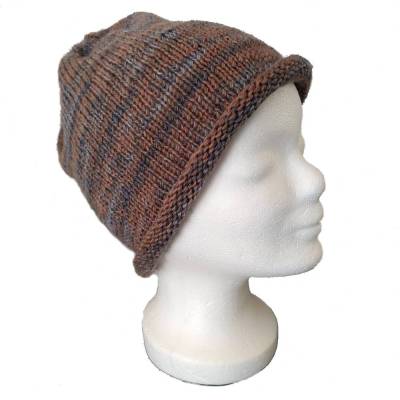 gestrickte Mütze, Beanie, Rollrand, Hipster, unisex, Sockenwolle, braun-grau, Gr. S - L