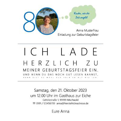 PDF-Datei witzige Einladung runder Geburtstag SEHTEST mit individuellem Foto und Text zum Selberdrucken