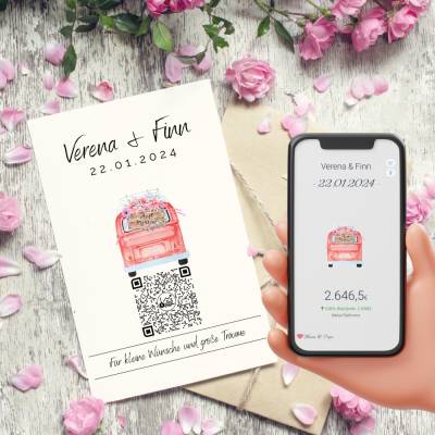 Aktien Etf Geldgeschenk | Personalisiertes Geschenk Brautpaar| QrCode Geschenkkarte | Bulli Rot